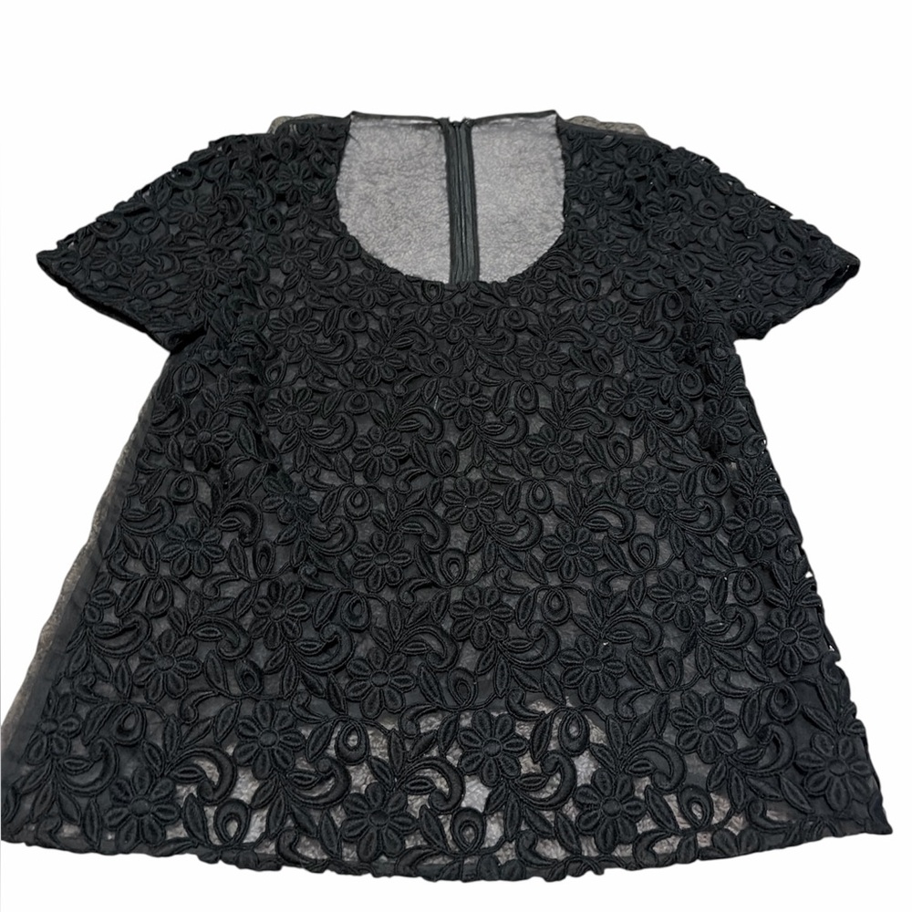 Burberry Black Floral Lace Top Sheer Back Short Sleeve Blouse Small